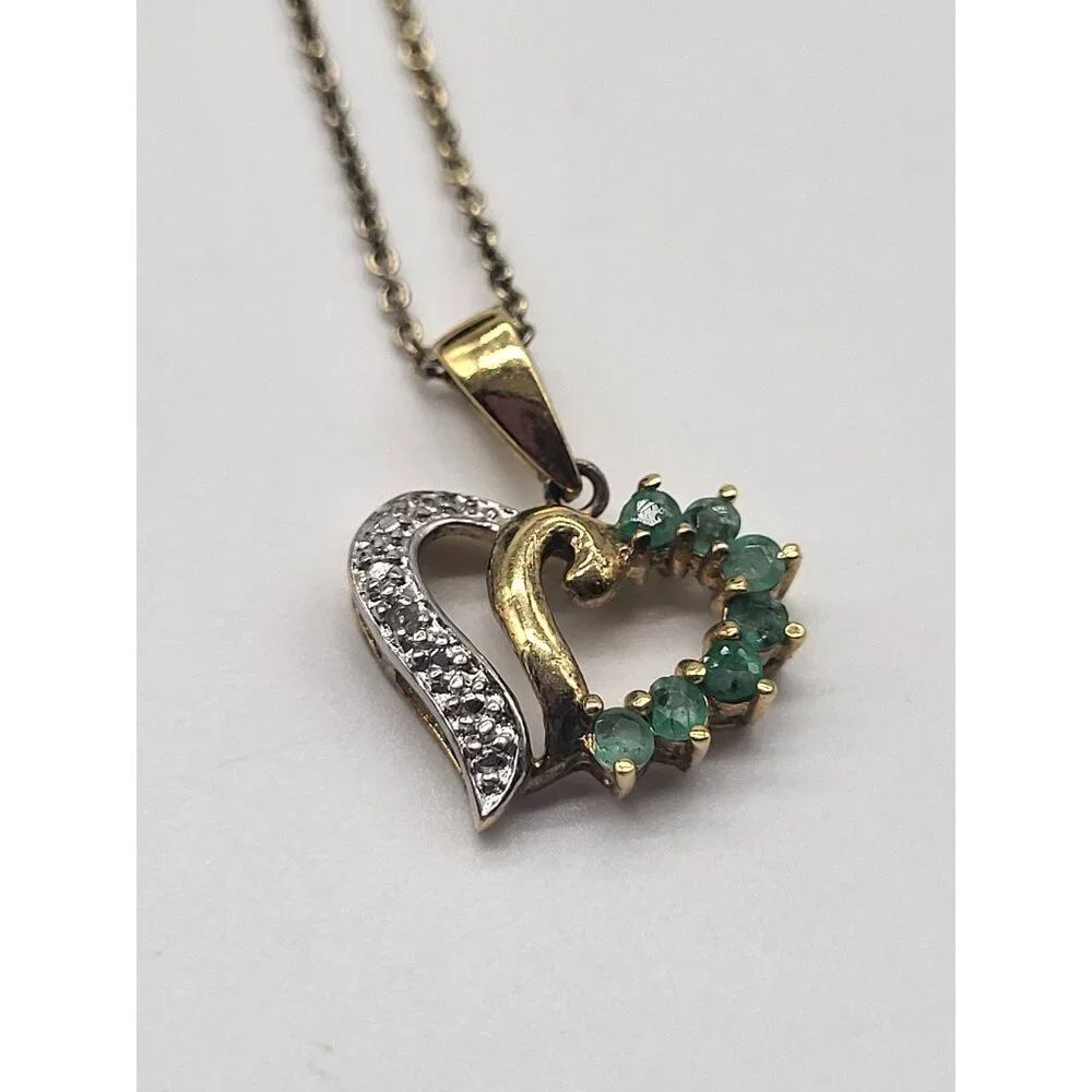 VTG Ross Simons RSE 925 Gold Plated Diamond Emerald Heart Pendant Necklace - Picture 1 of 11